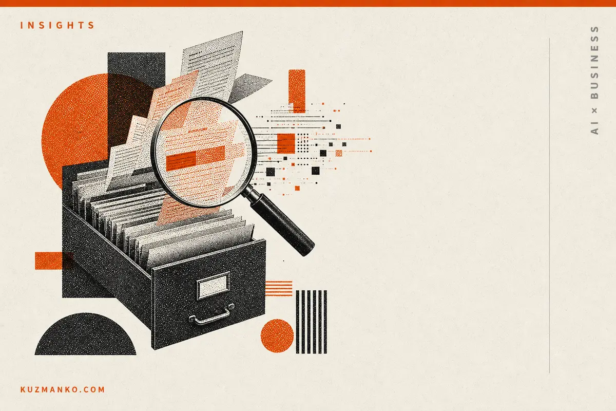 Editorial risograph-style abstract RAG search and document system metaphor on a warm off-white background, with orange and black Bauhaus geometry and ample negative space.