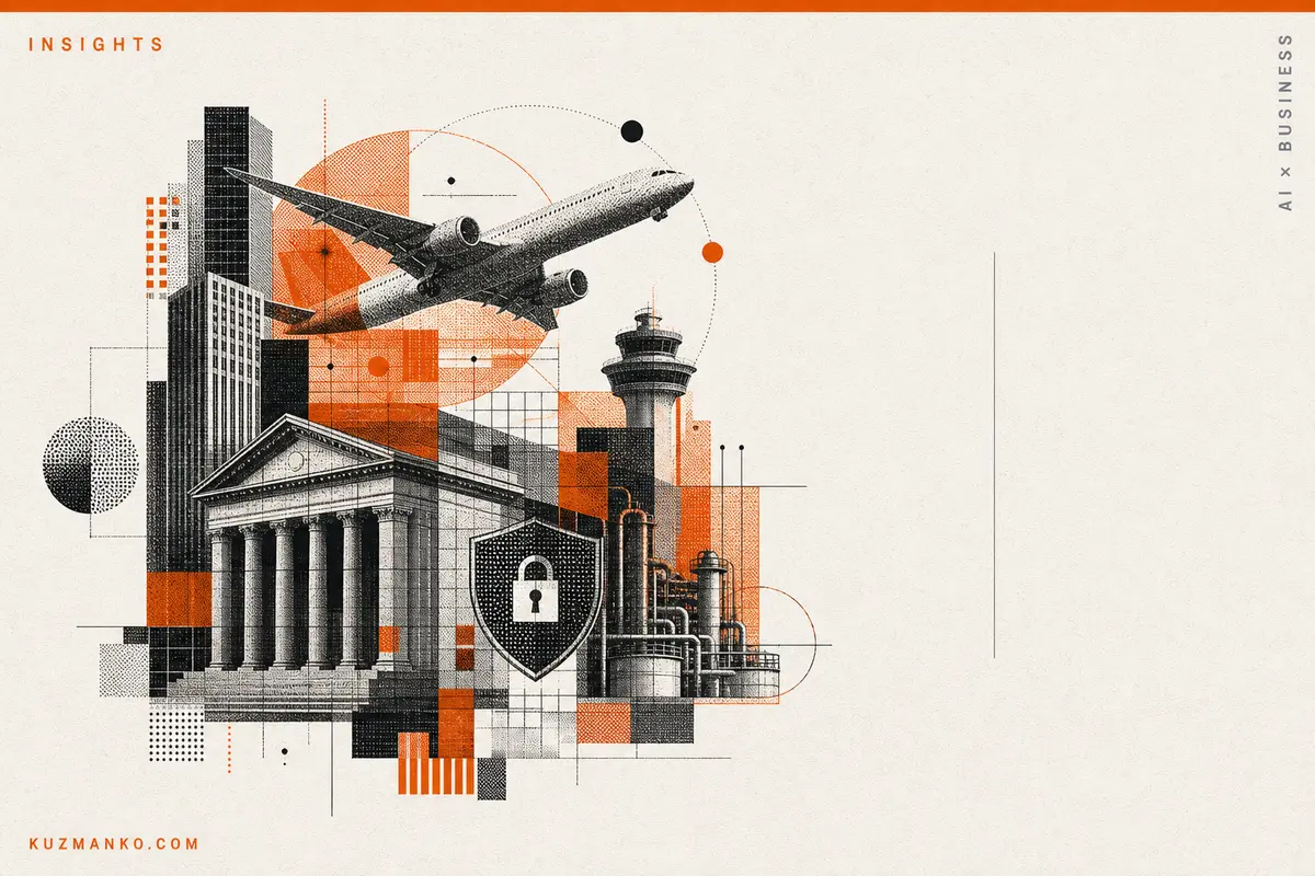 Editorial risograph illustration of a detailed secure AI core integrated into banking, airline, and regulated enterprise systems, with orange and black geometric accents on a warm off-white background.