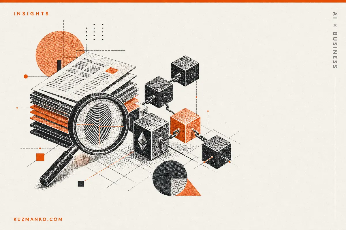 Editorial risograph-style blog cover illustrating AI data integrity with a cryptographic hash lock and Ethereum blockchain concept in bold black and orange on a minimalist background.