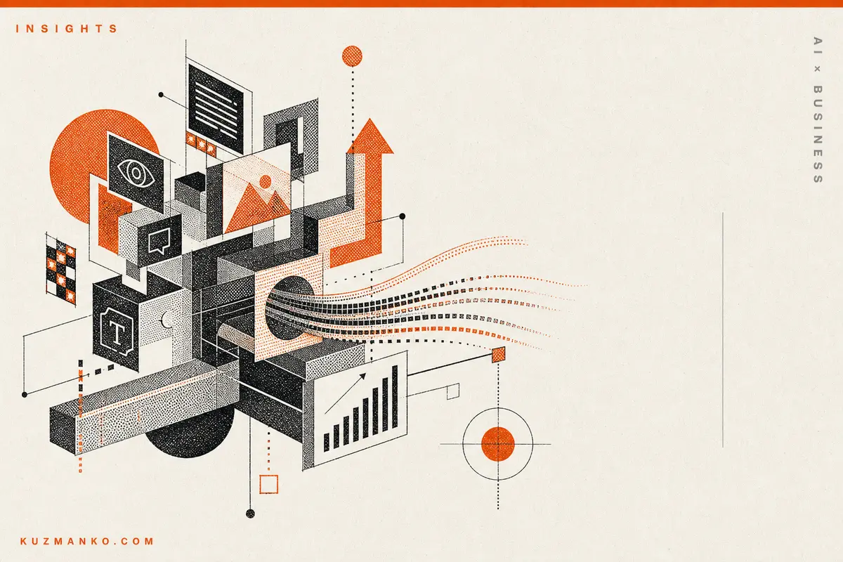 Premium editorial illustration of a multicolor AI model gateway and business growth chart in risograph style.