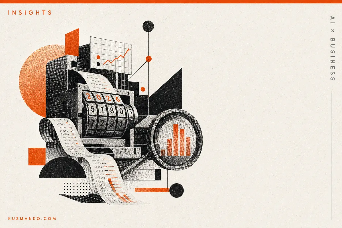 Editorial risograph illustration of an AI business consulting chart with a stylized token meter and geometric data blocks, symbolizing the ROI challenge of AI investments.