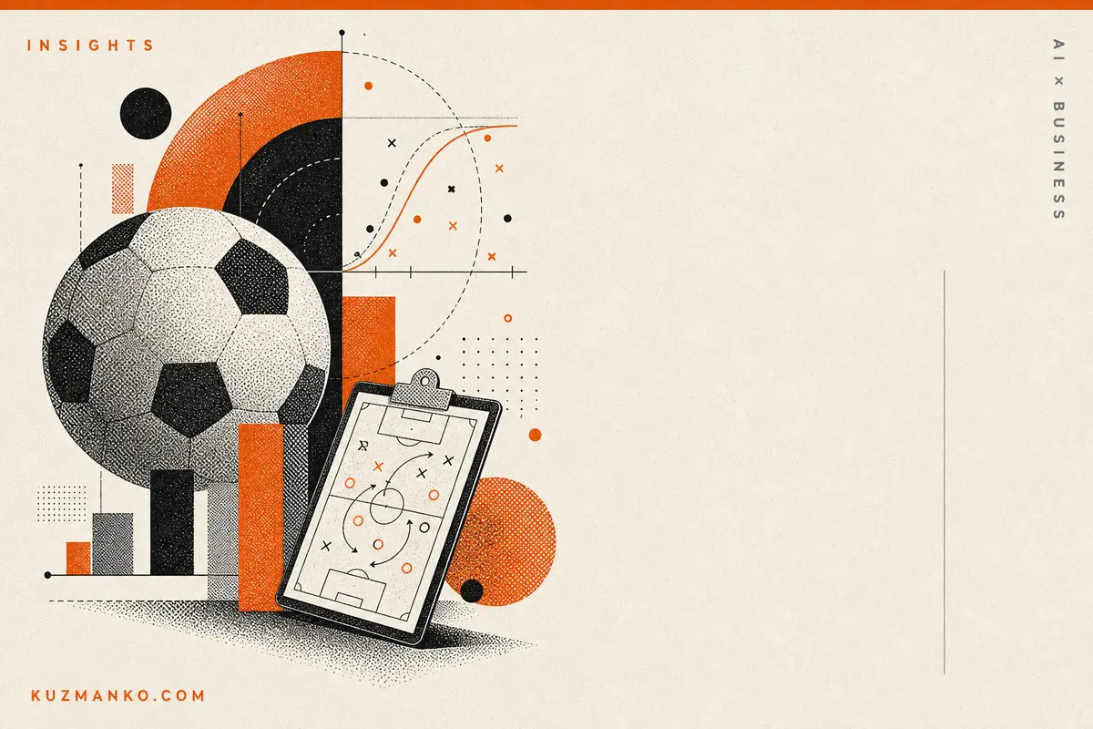 Editorial risograph-style cover illustration of a simple logistic regression curve outperforming XGBoost on small football data, with geometric charts and football analytics motifs.