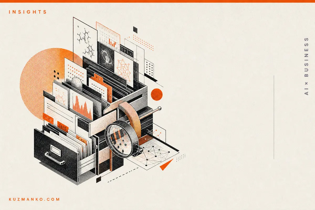 A premium editorial risograph illustration of Claude Science, showing a sophisticated scientific research workflow hub with connected databases, analysis tools, and geometric elements.