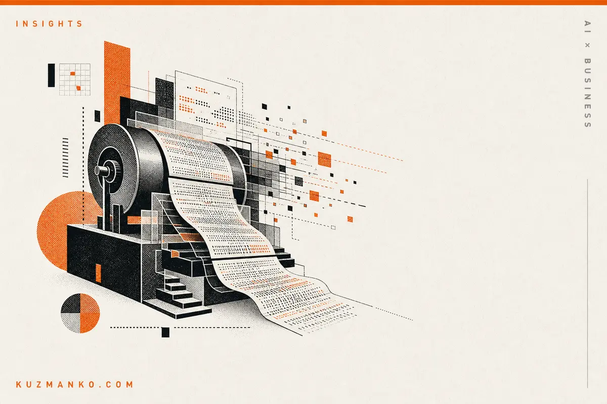 Editorial risograph-style blog cover featuring an abstract layered diffusion-like geometric form representing fast AI text generation and lower inference costs.