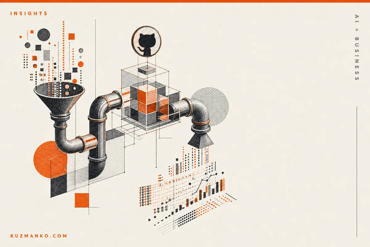 Editorial risograph-style cover of a Python ETL data pipeline for GitHub API, with geometric data flow forms and premium business consulting branding.