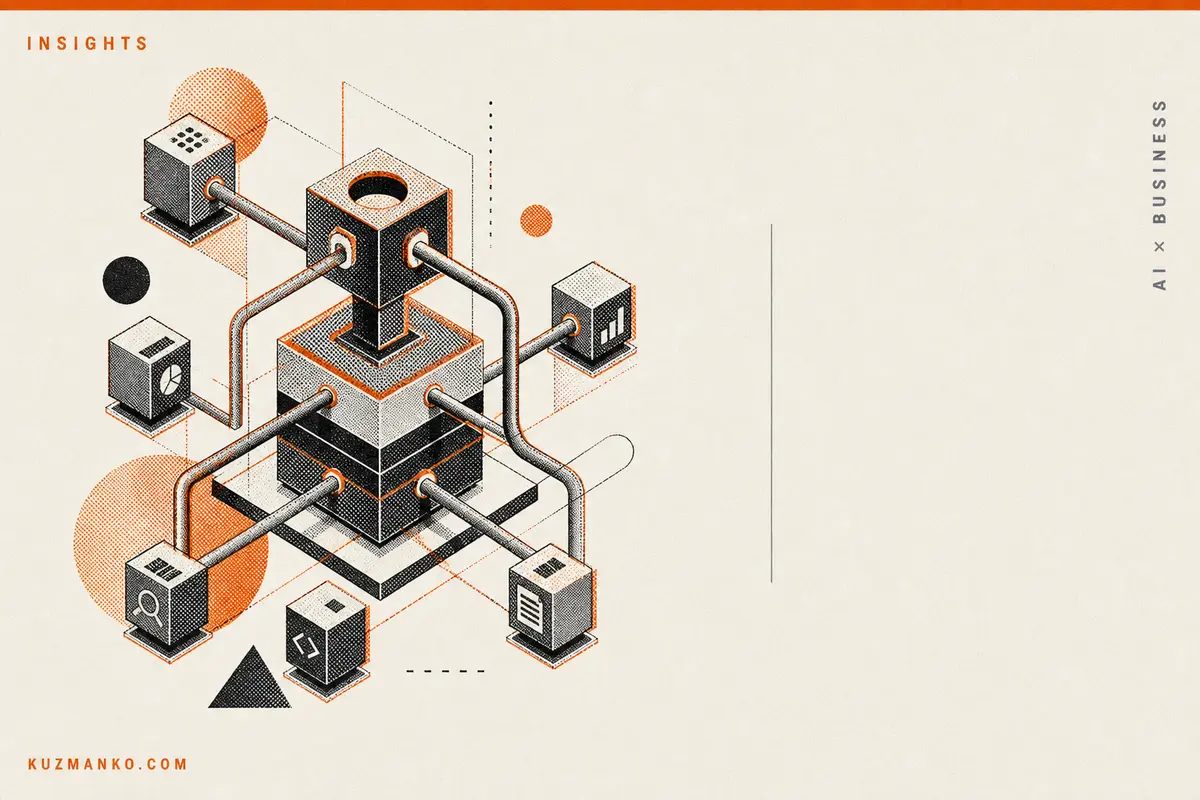 Editorial risograph hero image of a central modular server-to-agent architecture, with interconnected geometric tool blocks and clean negative space for Hebrew AI consulting blog text.