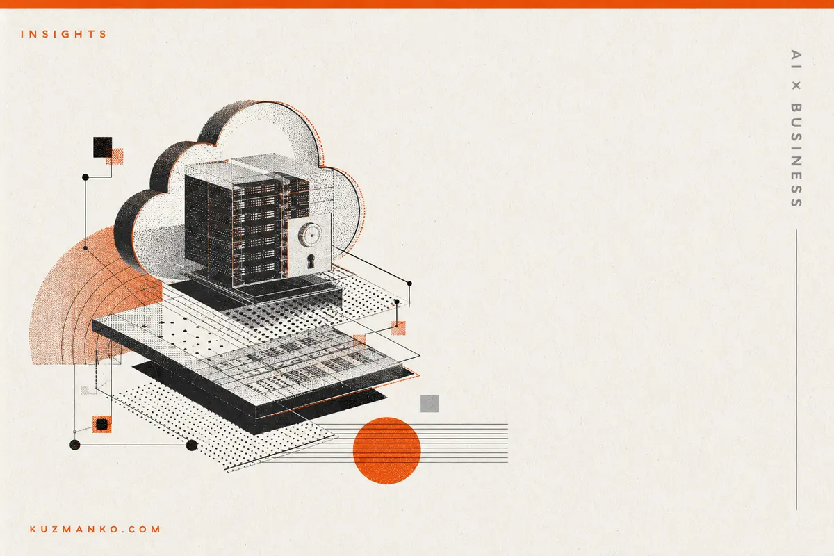 Editorial risograph-style blog cover showing a premium cloud AI consulting concept with an intricate abstract office-workflow object, orange and black Bauhaus geometry, and ample negative space for Hebrew text.