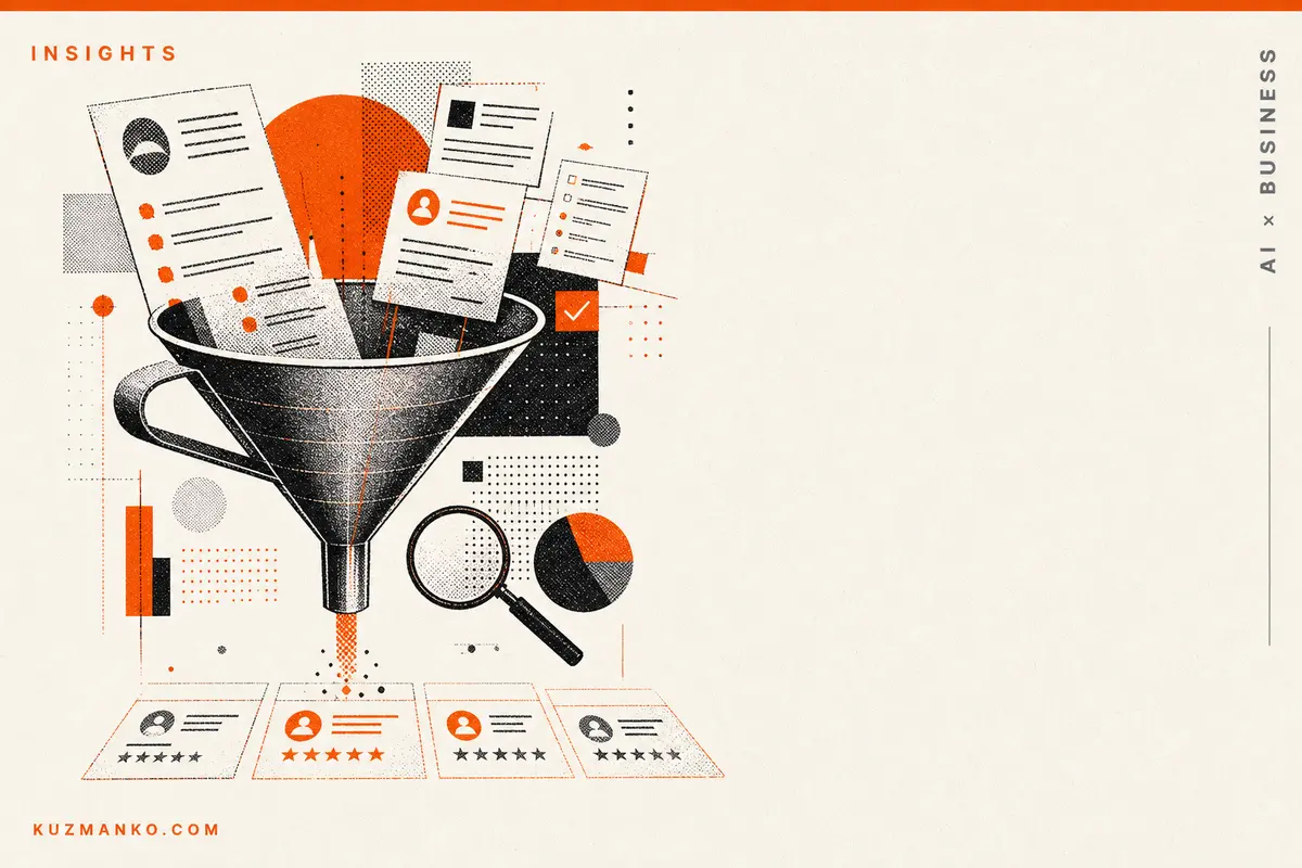 Editorial risograph illustration of an AI job search workflow, showing a detailed abstract document-matching machine with LinkedIn-style job listings and resume screening motifs.
