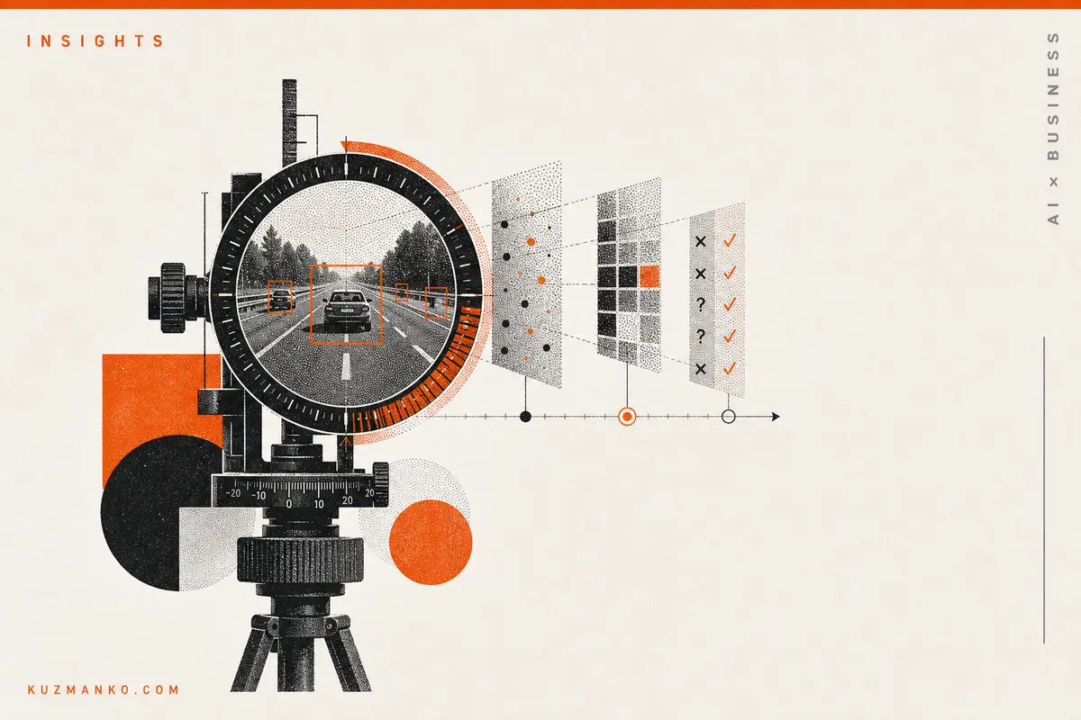 Editorial risograph illustration of a detailed autonomous driving AI evaluation sensor and calibration system, with bold orange and black geometric forms on a clean pale background.