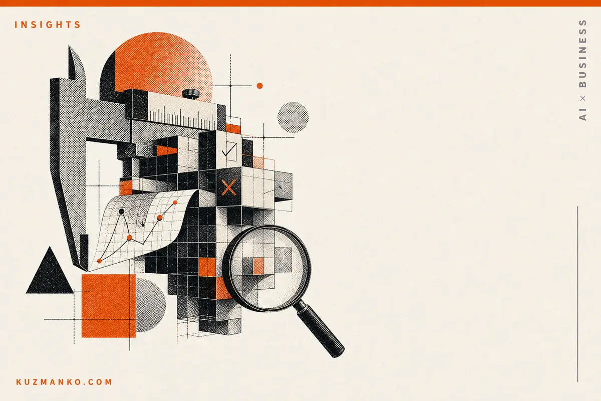 Abstract editorial cover art of an open-source LLM evaluation toolkit, featuring a detailed risograph geometric meter with orange and black Bauhaus elements and clean Hebrew text space.