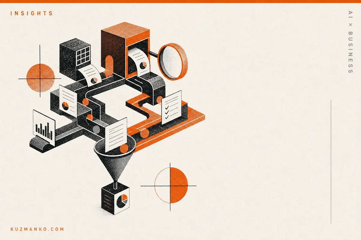 An abstract risograph illustration of dynamic AI workflows with modular geometric components working in sync on a warm off-white background, leaving clean space for Hebrew headline text.