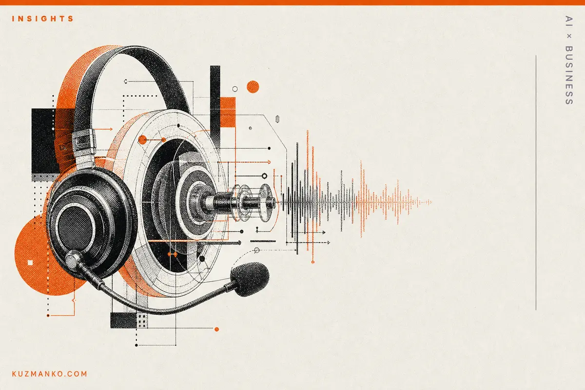 Premium AI business consulting cover illustrating a real-time voice AI agent concept with bold risograph-style geometric forms and Hebrew headline space.