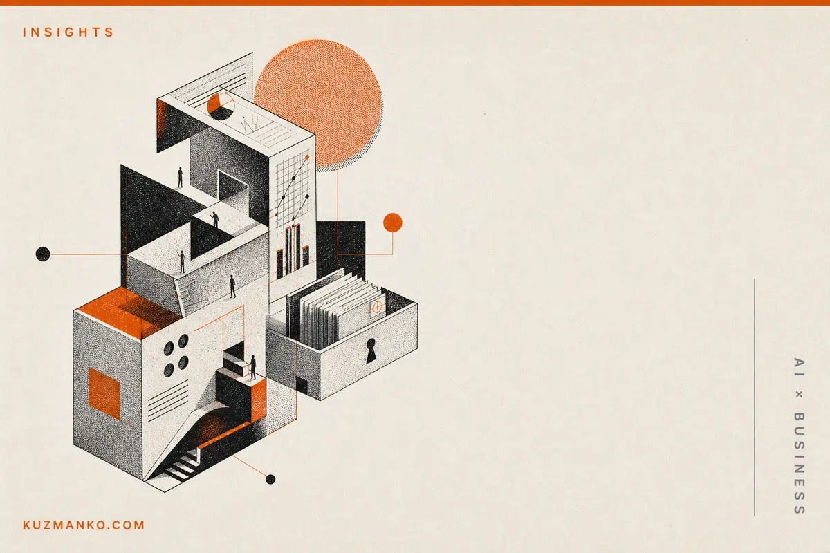 Editorial risograph illustration of a modular AI-powered business system learning from a startup workflow, with abstract geometric forms on a warm off-white background.