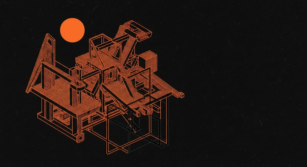 Editorial risograph-style cover featuring an abstract Benders decomposition optimization diagram with geometric supply chain and AI decision elements in black and orange.