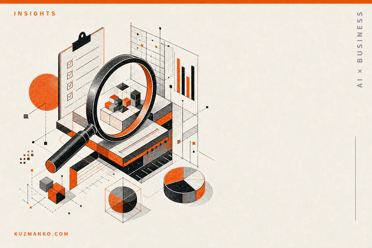 Editorial risograph illustration of advanced AI model evaluation with a detailed testing instrument and geometric data elements on a clean premium business cover.