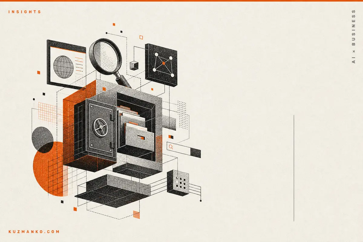 Minimalist editorial illustration of a local AI research agent with Ollama and MCP, showing connected geometric forms and data tools on a warm off-white background.