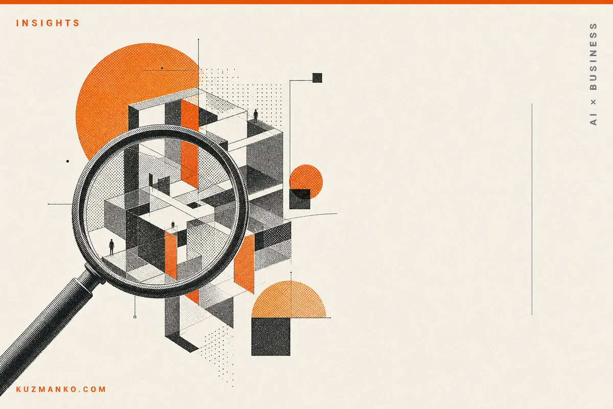 Editorial risograph-style illustration of AI ethics and critical thinking, featuring an abstract red-teaming puzzle object with Bauhaus shapes on a warm off-white background.