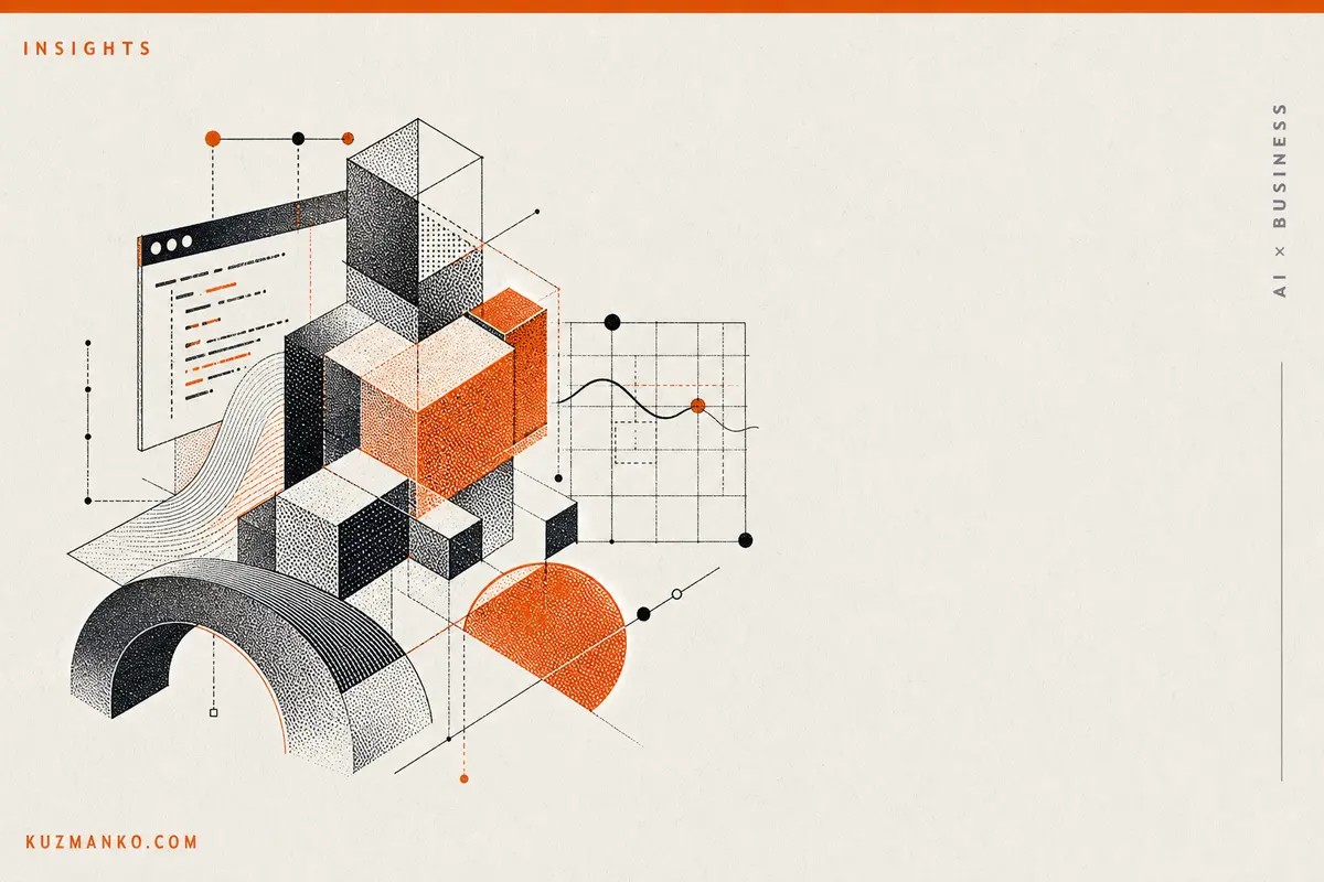Editorial risograph-style blog cover of a detailed AI code alignment metaphor with Bauhaus geometry, orange and black halftone textures, and clean space for Hebrew headline text.