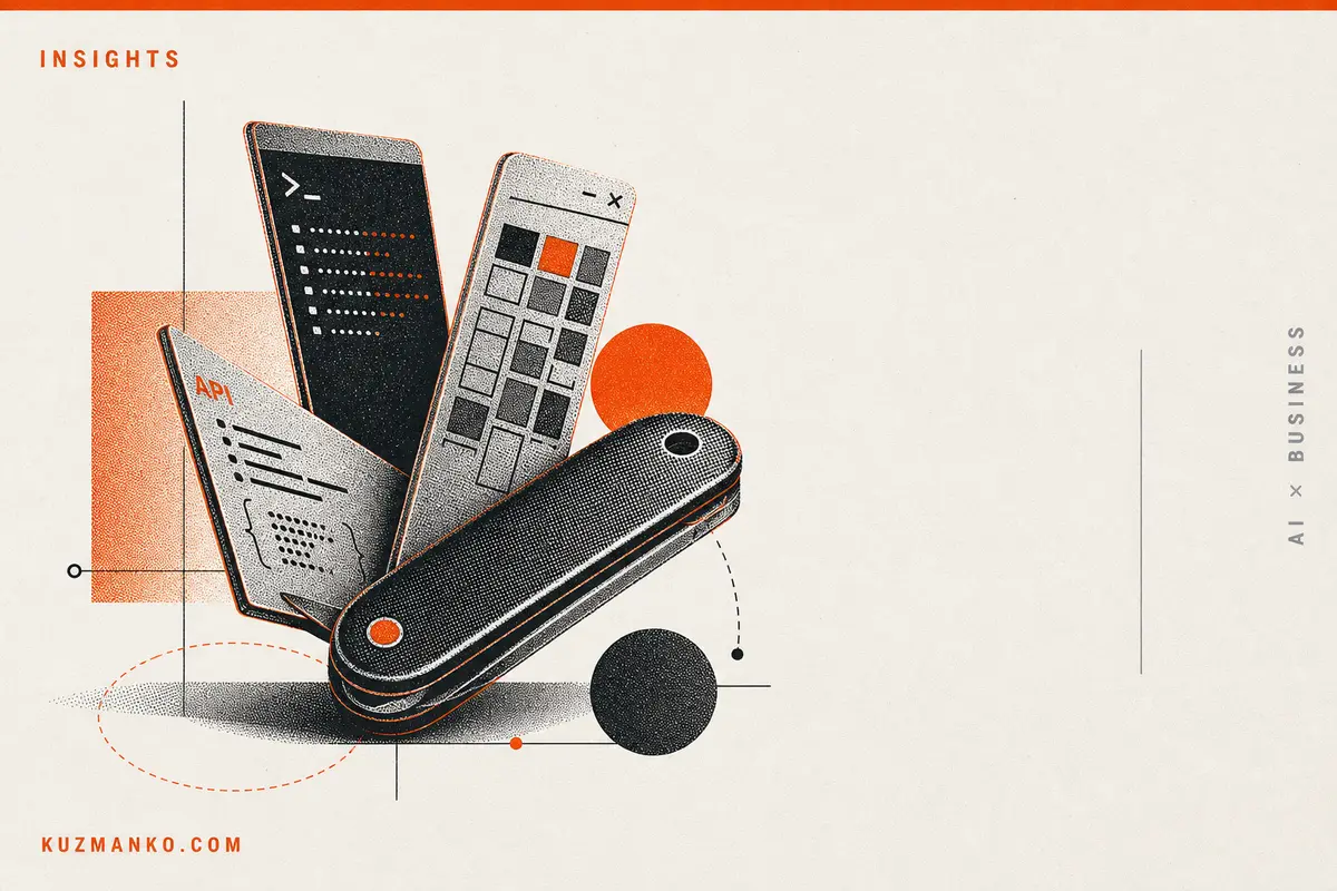 Abstract risograph editorial illustration of a reusable AI automation agent, shown as a detailed modular mechanism with Bauhaus geometric elements and clean Hebrew blog cover space.