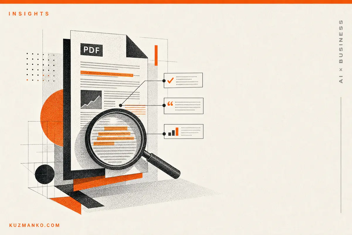 Editorial risograph-style hero image of a PDF document analysis system, with a structured open file, citation markers and highlighted source references on a clean minimal business background.