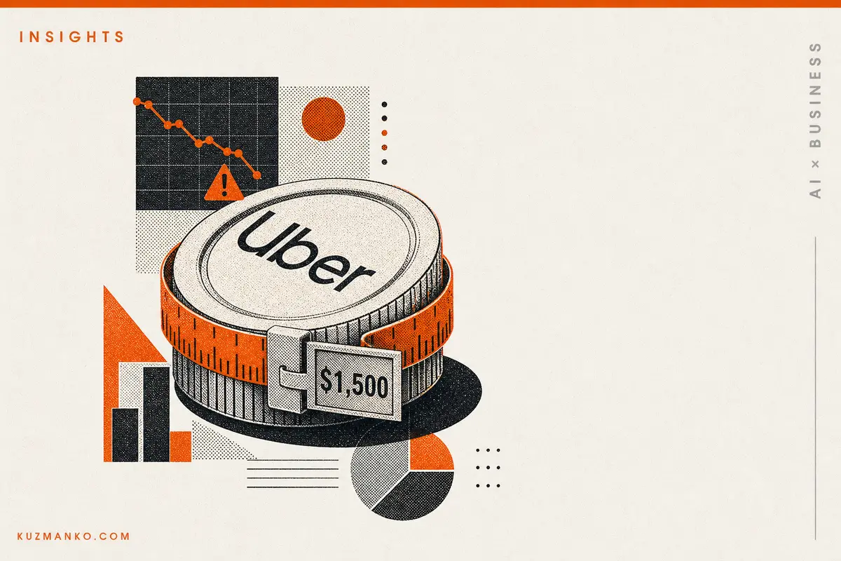 Minimalist risograph illustration of Uber-style AI budget control, with a geometric token economy object and clean editorial layout on a pale orange background.