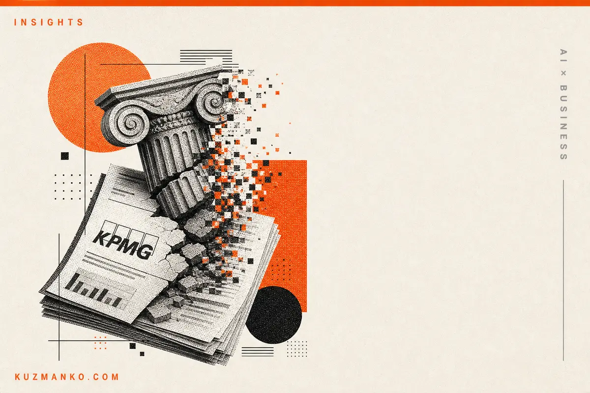 Editorial risograph cover of a fractured AI report with stamped claims and geometric consulting elements, symbolizing hallucinated data and fact-checking failure.