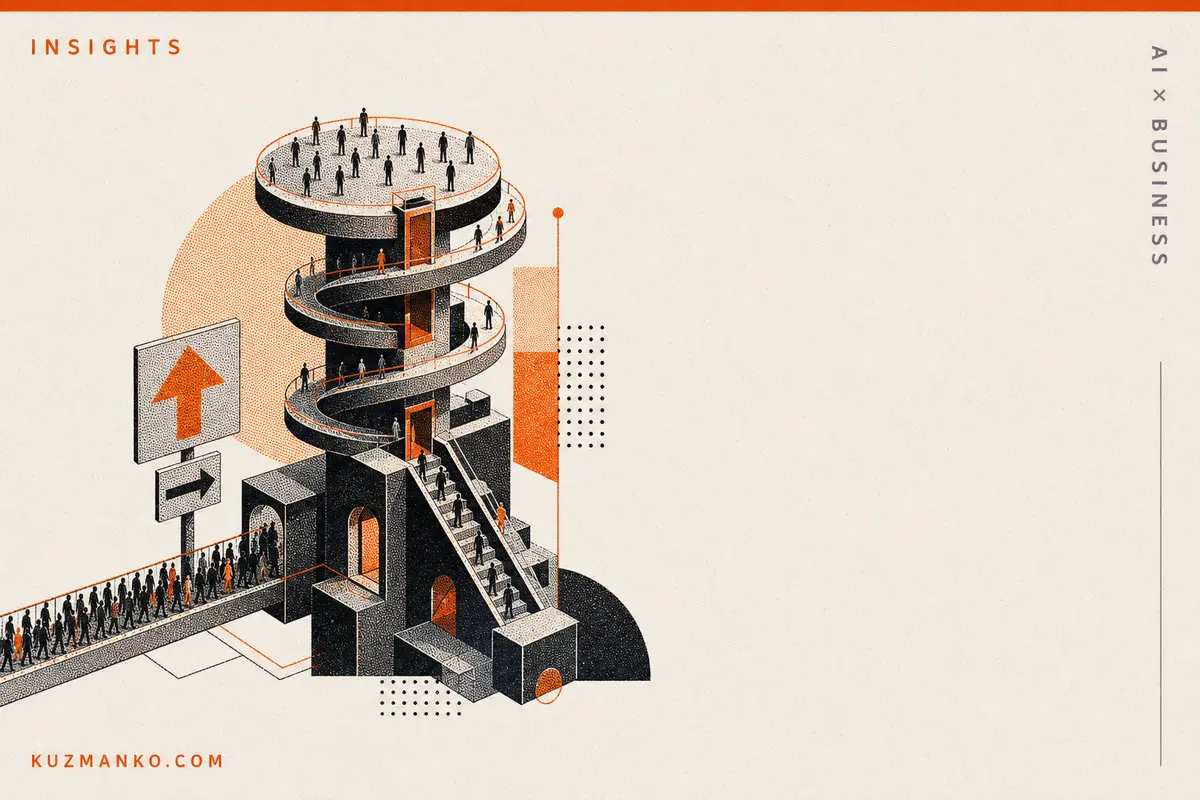 Editorial risograph-style illustration of an AI-driven leadership bottleneck, shown as a detailed orange-and-black geometric management pipeline with open negative space for Hebrew text.