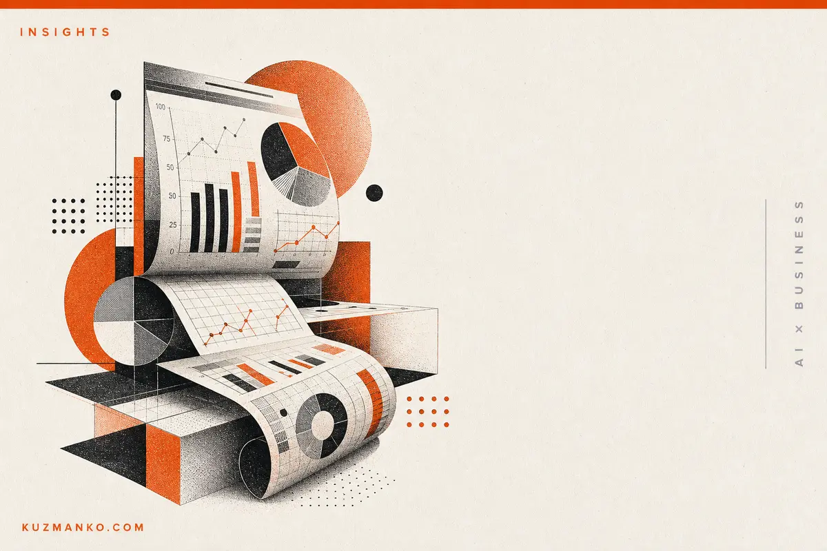 Editorial Risograph cover of a ChartNet-style data chart analysis concept with abstract geometric graphs and orange-black business consulting branding.