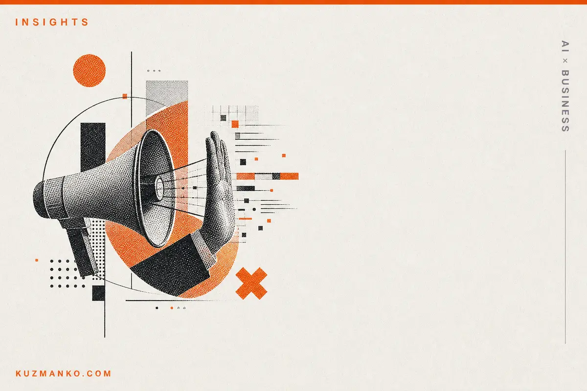 Minimalist editorial risograph cover showing a fragmented marketing megaphone and layered paper charts symbolizing consumer distrust of AI messaging.