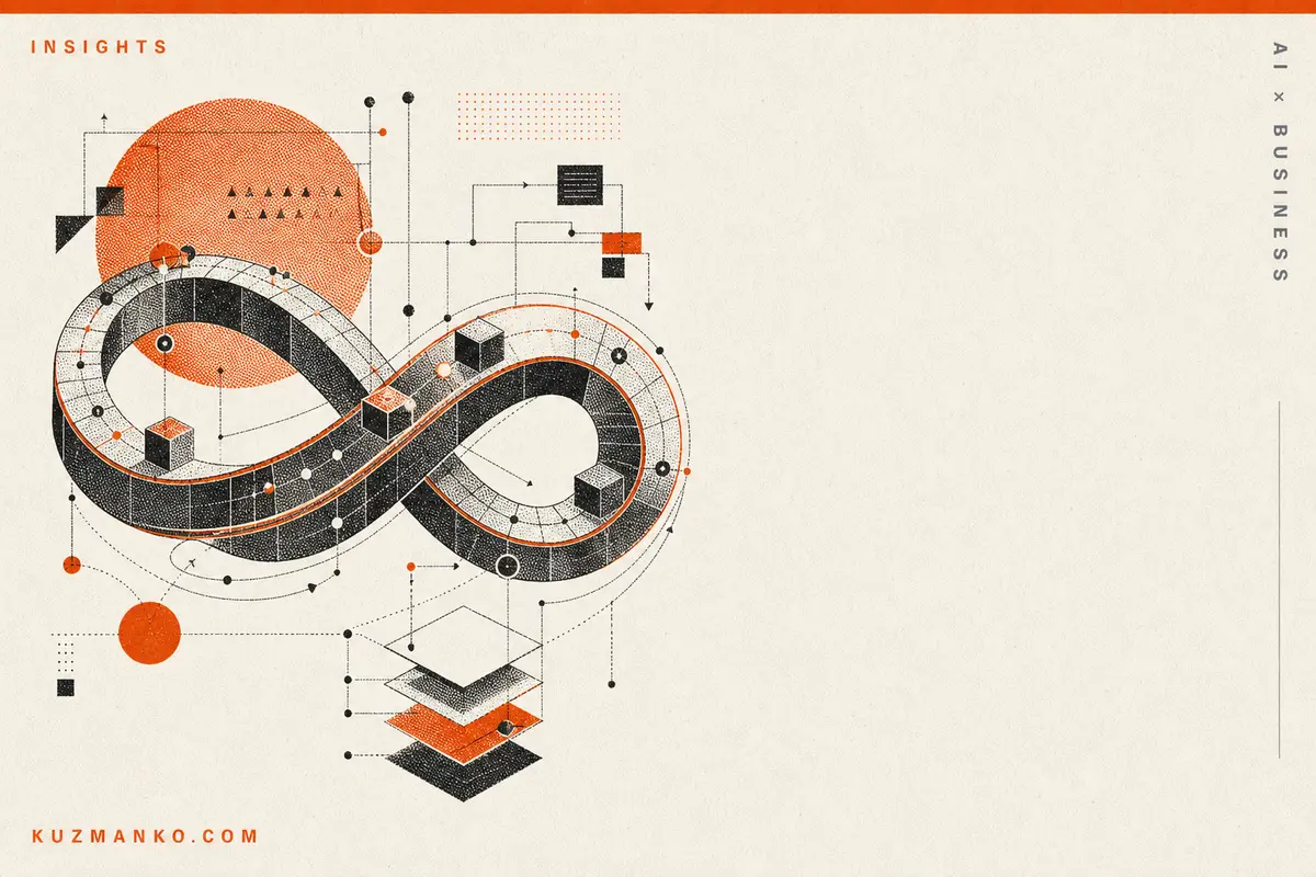 Editorial Risograph cover of an AI loop system with layered geometric rings and halftone textures on a warm off-white background, leaving space for Hebrew text.