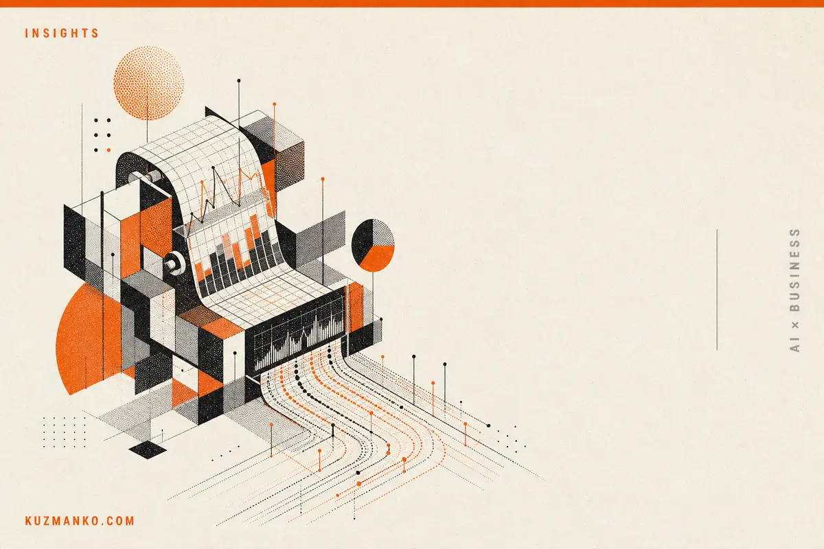 Editorial risograph-style cover with an abstract time-series forecasting and demand planning metaphor, featuring geometric data layers, charts, and orange-black halftone textures.
