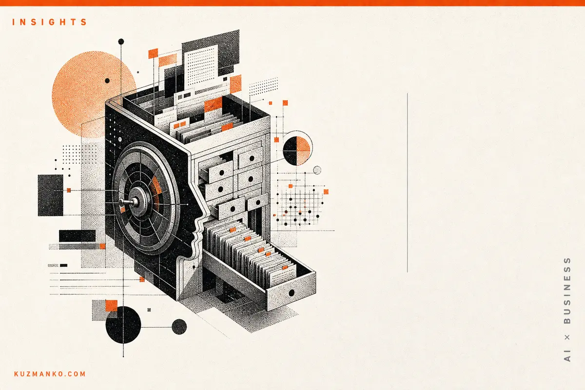 Editorial risograph cover of hidden corporate knowledge as a layered archive vault with geometric data forms, orange and black on warm off-white.