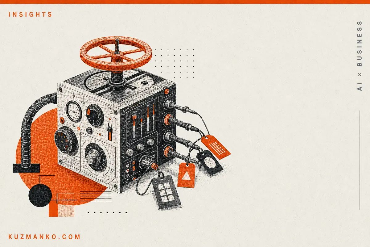 Editorial risograph-style AI governance cover with an abstract mechanical control system, orange and black geometric forms, and open space for Hebrew text.