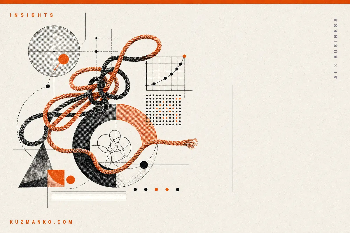 Abstract risograph illustration of a tangled probability string puzzle with loops and geometric data shapes, representing data science and AI decision-making.