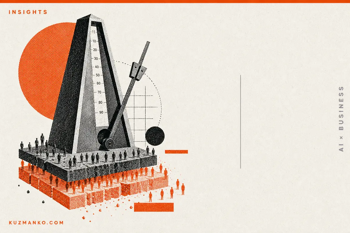Editorial risograph-style illustration of Meta restructuring under AI pressure, with a fragmented geometric business symbol and bold orange-black typography on a clean, modern background.