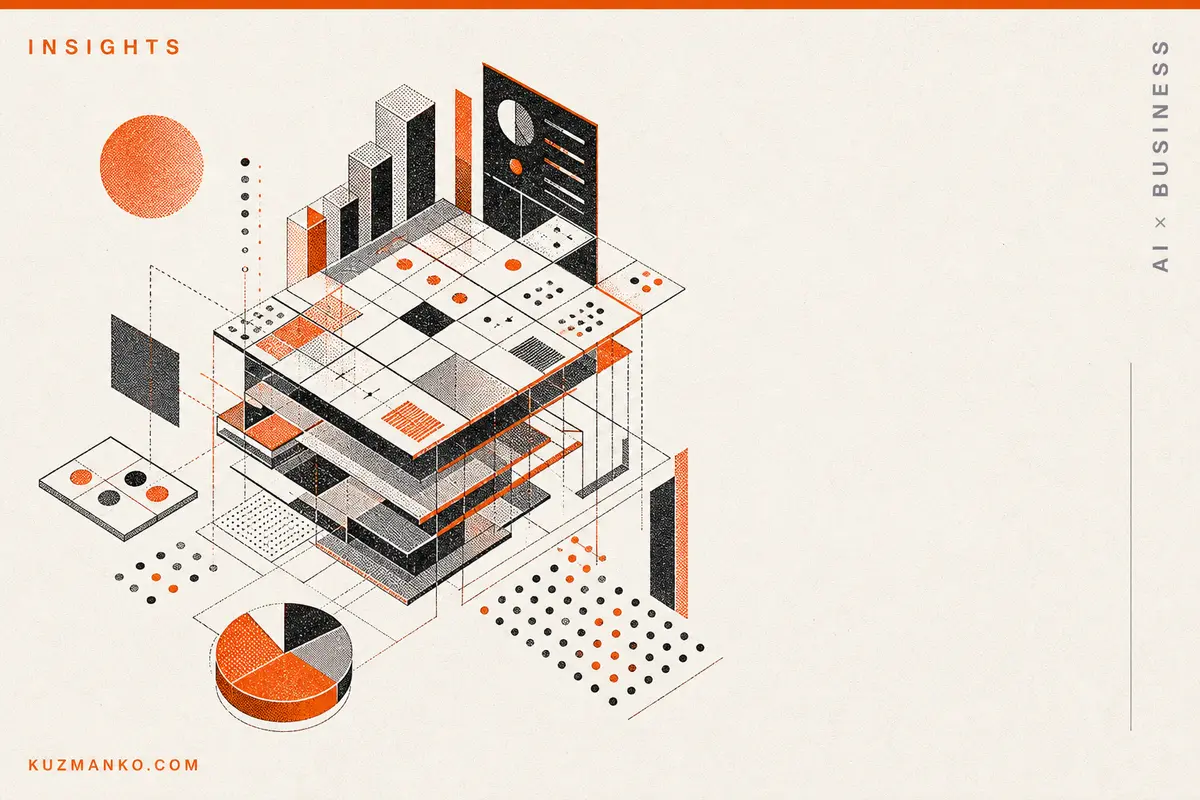 Editorial risograph illustration of a stylized tabular data grid and geometric charts in black and orange, symbolizing Google TabFM and zero-shot machine learning for business analytics.