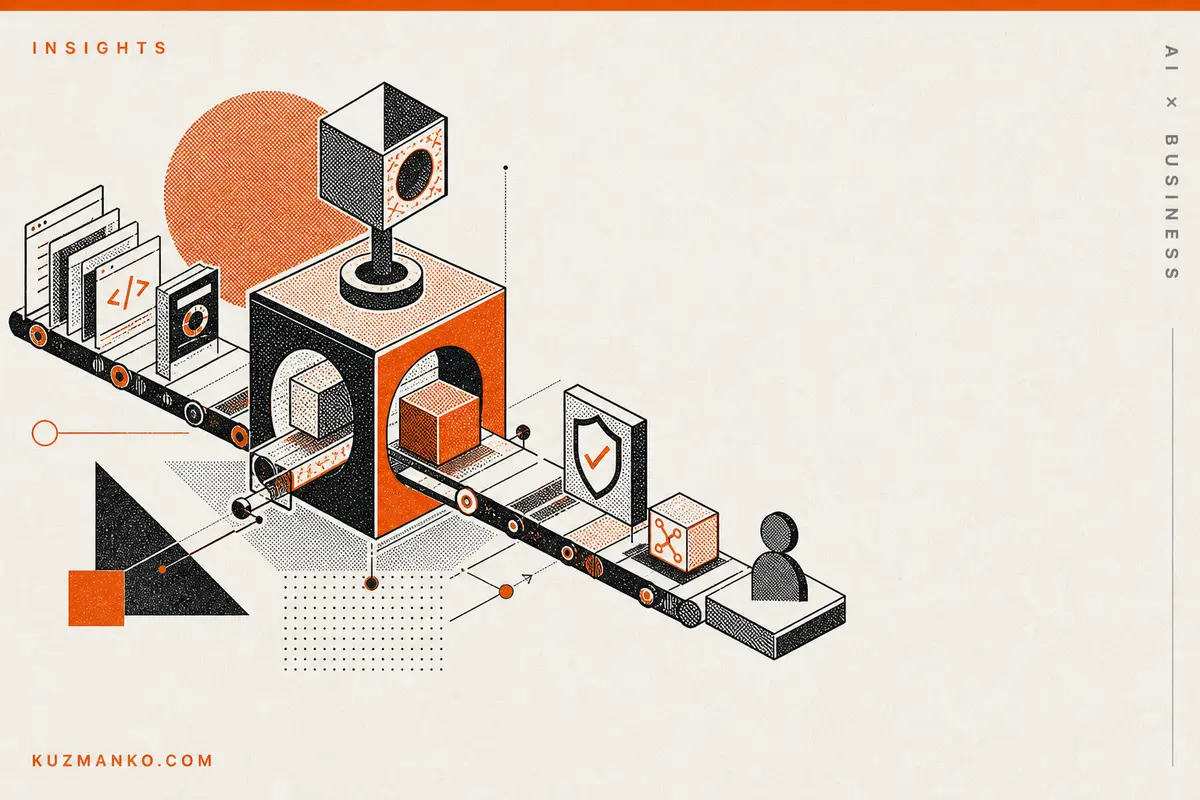 Editorial risograph-style blog cover showing a modular open-source release pipeline with geometric blocks, automated workflow symbols, and human review elements on a warm off-white background.