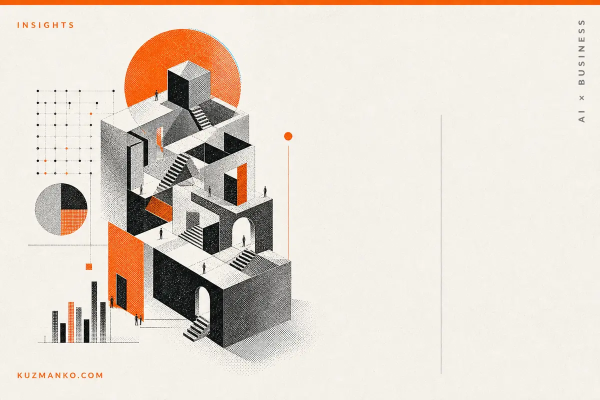 Editorial risograph-style AGI business consulting cover with abstract geometric intelligence motif and ample right-side negative space for Hebrew text.