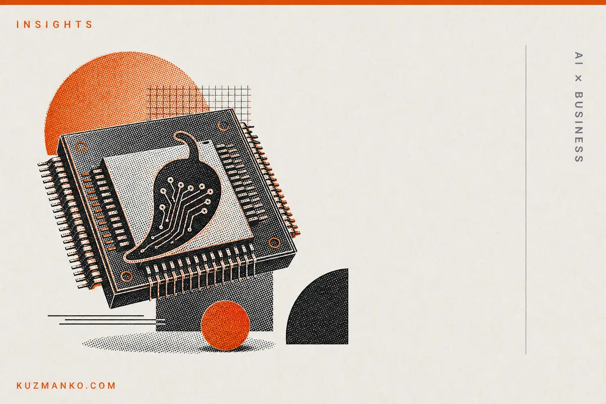Editorial risograph illustration of a custom AI inference chip with supporting geometric elements on a warm off-white background, representing OpenAI’s move away from Nvidia GPUs.