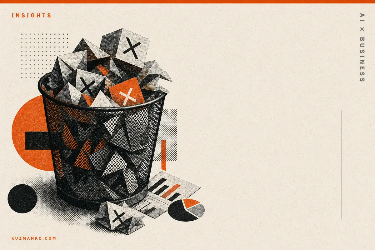 Editorial risograph-style cover art showing a fractured AI agent metaphor and declining workforce tension, with bold orange and black geometric forms on a pale orange background.