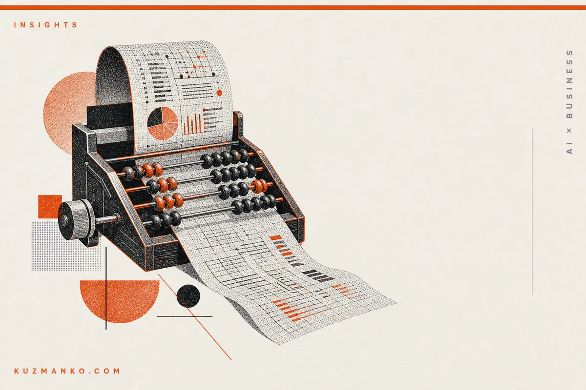 Editorial risograph illustration of an AI-powered accounting workflow with abstract geometric forms and ample space for Hebrew headline text.