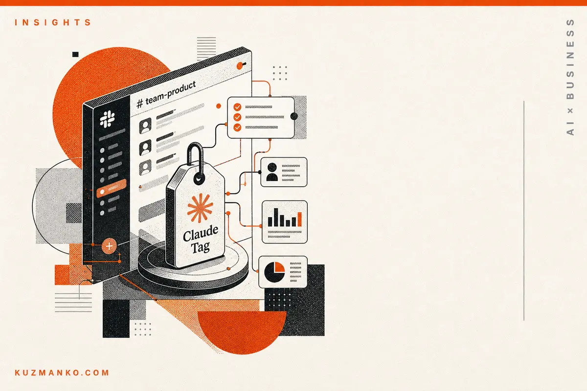 Abstract editorial illustration of an AI Slack assistant as a premium risograph-style modular system with orange and black geometric forms on a clean off-white background.