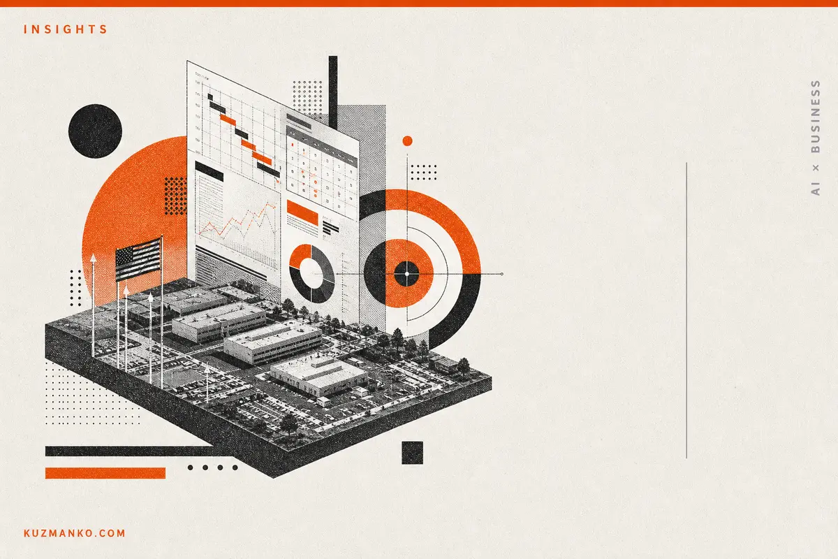 Editorial risograph illustration of a military base AI strategy workshop, showing an abstract fortified operations hub with planning documents and geometric process elements in orange and black on a warm off-white background.