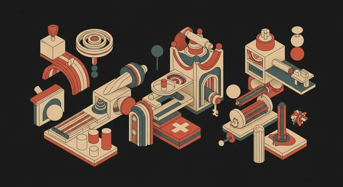 An intricate layered control system with structured data blocks and orange accents on a clean editorial background