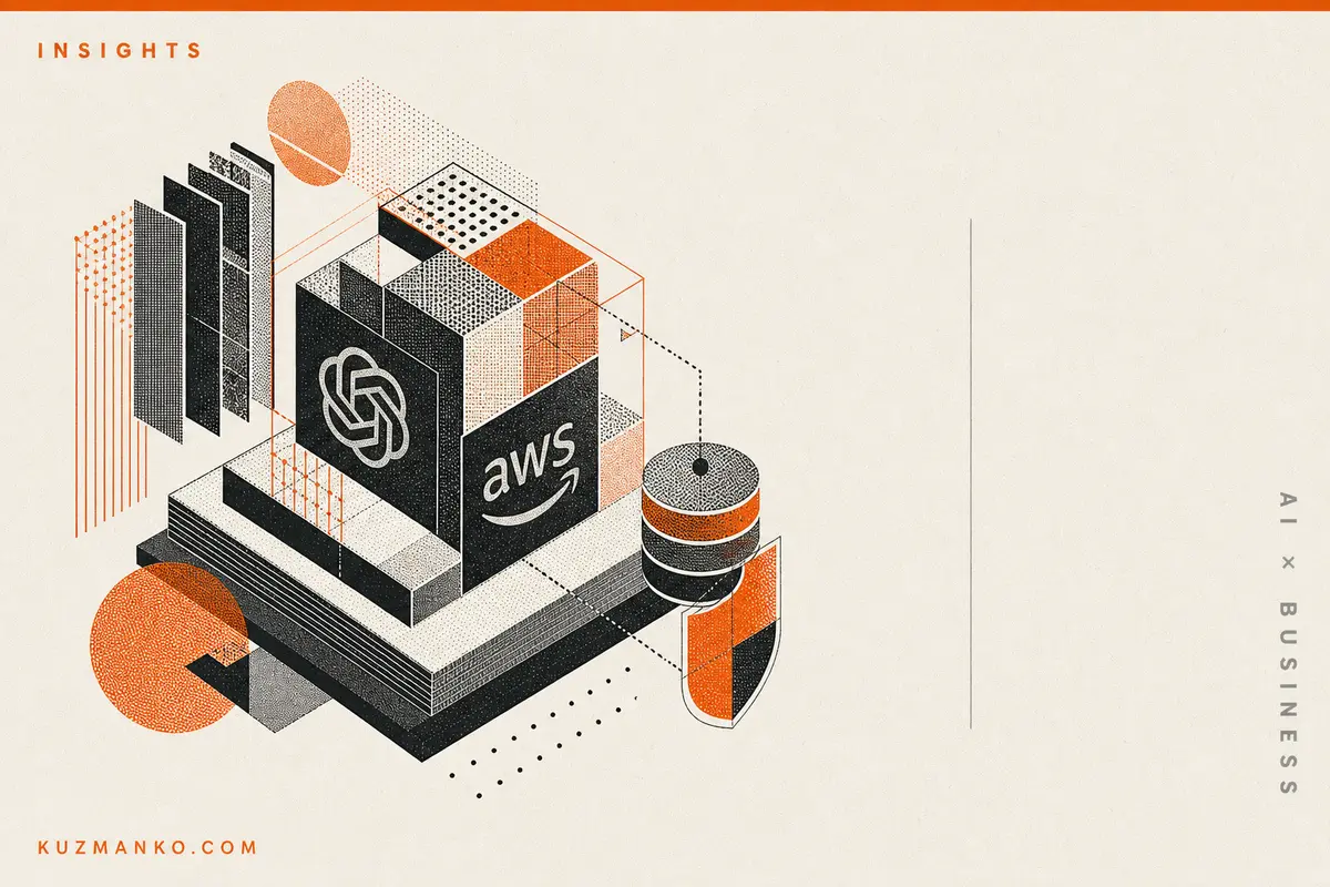 Premium risograph-style abstract AI cloud consulting cover in Hebrew with OpenAI and AWS Bedrock metaphor.
