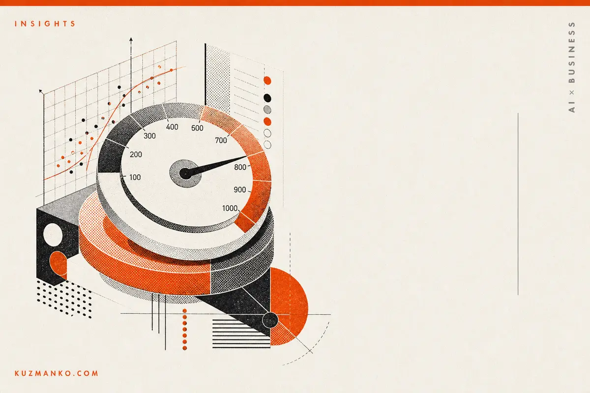 Minimalist risograph-style credit scoring concept with an abstract risk ladder, geometric charts, and credit analytics elements on a clean editorial background.