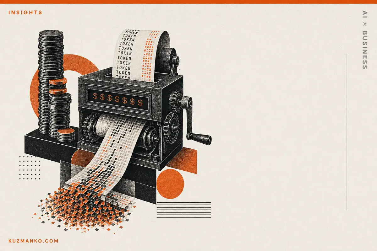 Editorial risograph illustration of an oversized token counter and rising AI cost meter with geometric business elements on a pale orange background, symbolizing the AI token cost crisis.