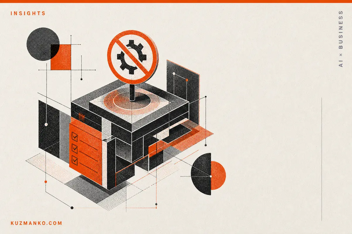 Editorial risograph illustration of a controlled AI automation system with a detailed mechanical gate and approval checkpoints, symbolizing human oversight in business AI.