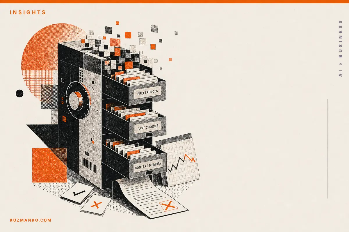 Abstract editorial illustration of an AI memory system causing model bias, in a premium risograph modernist style with orange and black geometric elements.