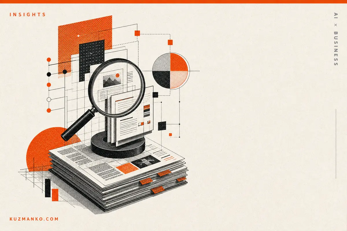 Editorial risograph illustration of interconnected AI research agents, with a geometric modular system and warm orange accents on a clean off-white background.